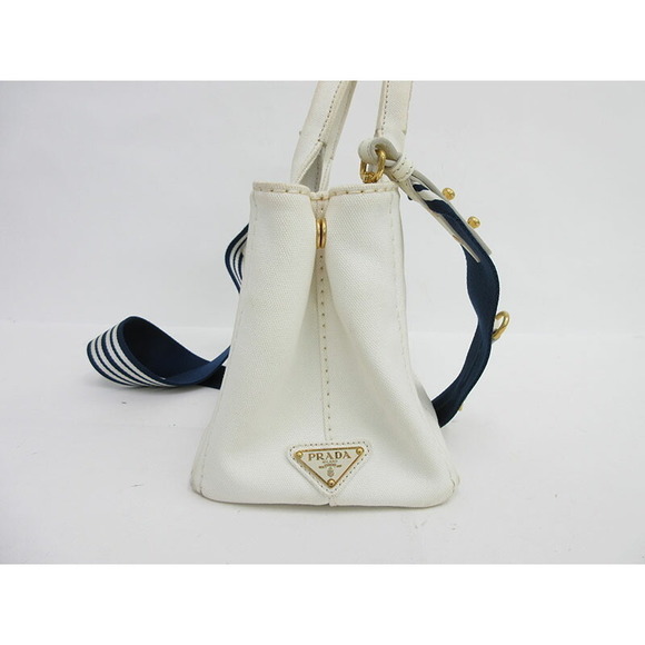 Prada Bag White Canapa Tote Striped 2Way - Picture 1 of 12